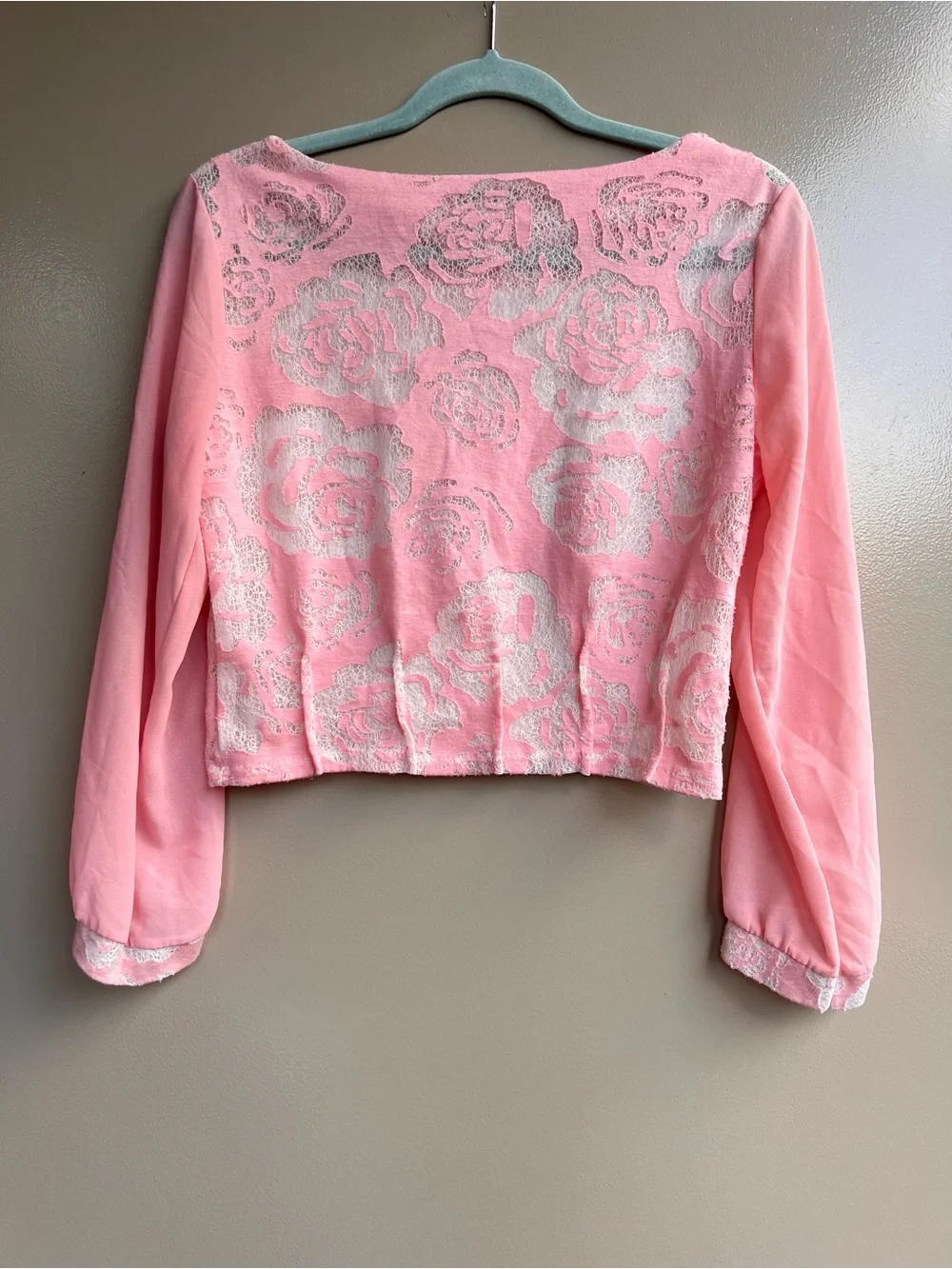 Yoyipshow Pink Floral Lace Crop Top Sheer Sleeve Coquette Y2K Babydoll Feminine - Picture 14 of 14